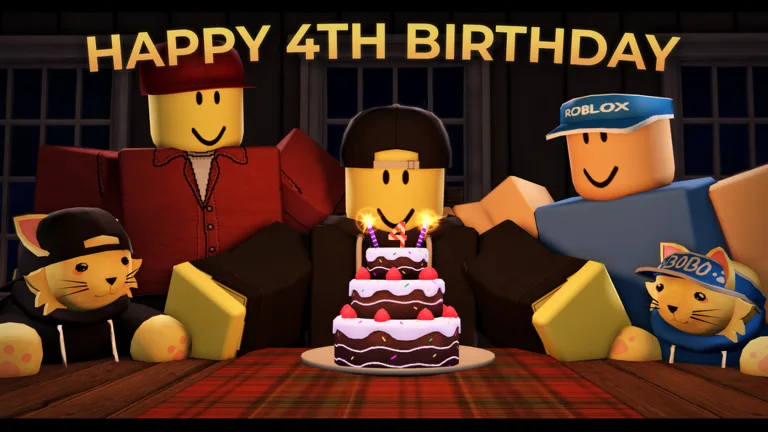 Evade characters celebrating the game fourth birthday around a cake in official artwork
