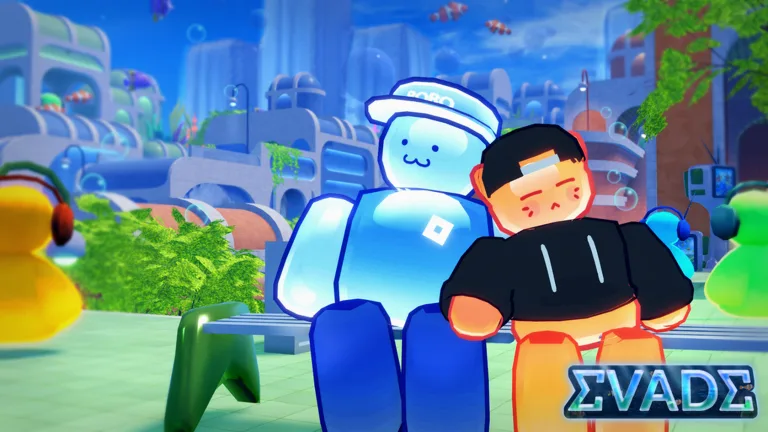 Two Evade characters relaxing in a bright pastel city plaza in official artwork