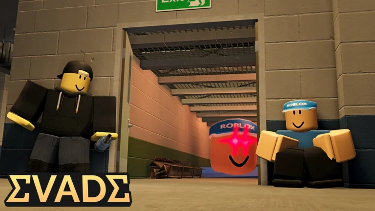 Evade players waiting beside a lit exit doorway with a Nextbot blocking the far end