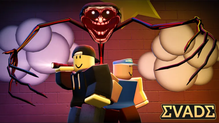 A tall grinning Nextbot with long limbs cornering two Evade players beside a brick wall