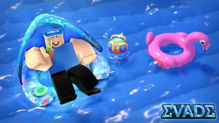 An Evade character floating in a pool with a boombox and a pink flamingo ring