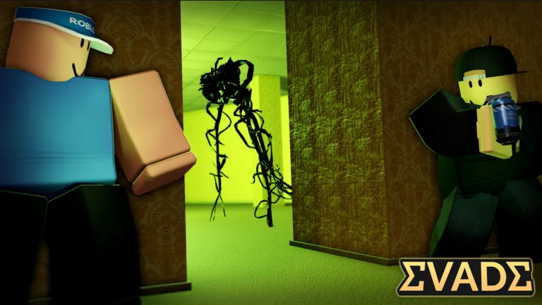 Evade players hiding in a green-lit Backrooms corridor as a dark Nextbot stalks past