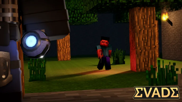 An Evade player facing a red-headed Nextbot in a dark blocky forest