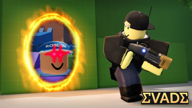 An Evade player beside a glowing portal in the official Roblox game artwork